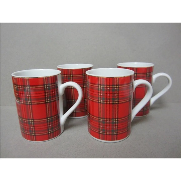 Pacific Rim porcelain red plaid mug set of 4 Holiday Christmas coffee tea mugs - Picture 1 of 9
